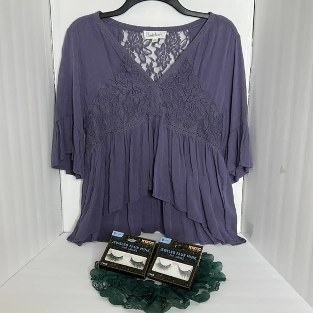 CLOUD CHASER WOMANS DARK LAVENDER BLOUSE SIZE MEDIUM AND MYSTIC EYELASHES